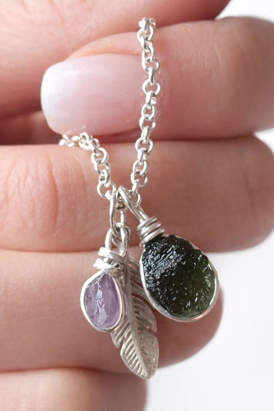 Moldavite, Amethyst & Silver Feather Necklace