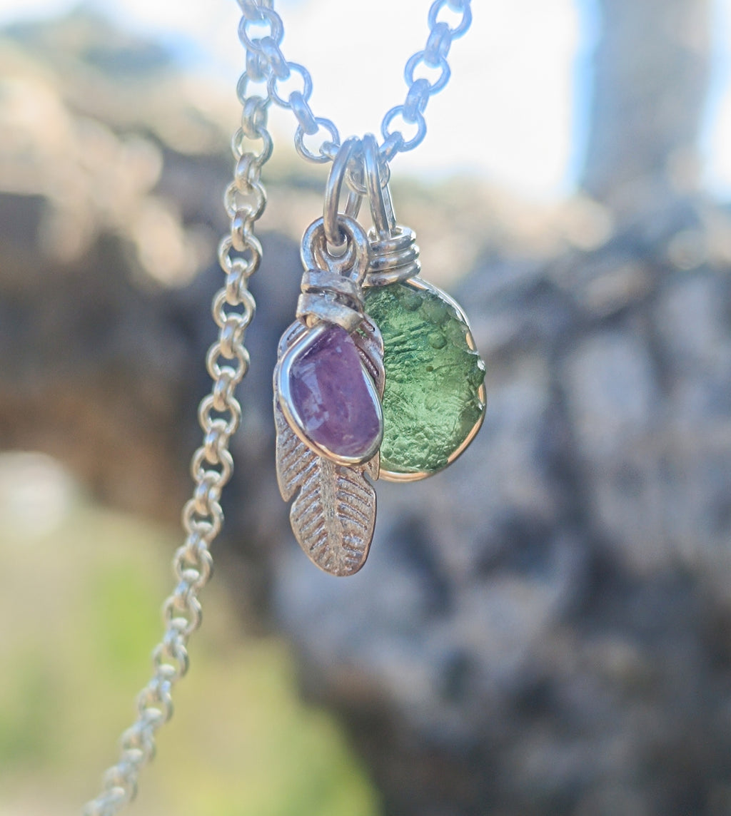Moldavite, Amethyst & Silver Feather Necklace