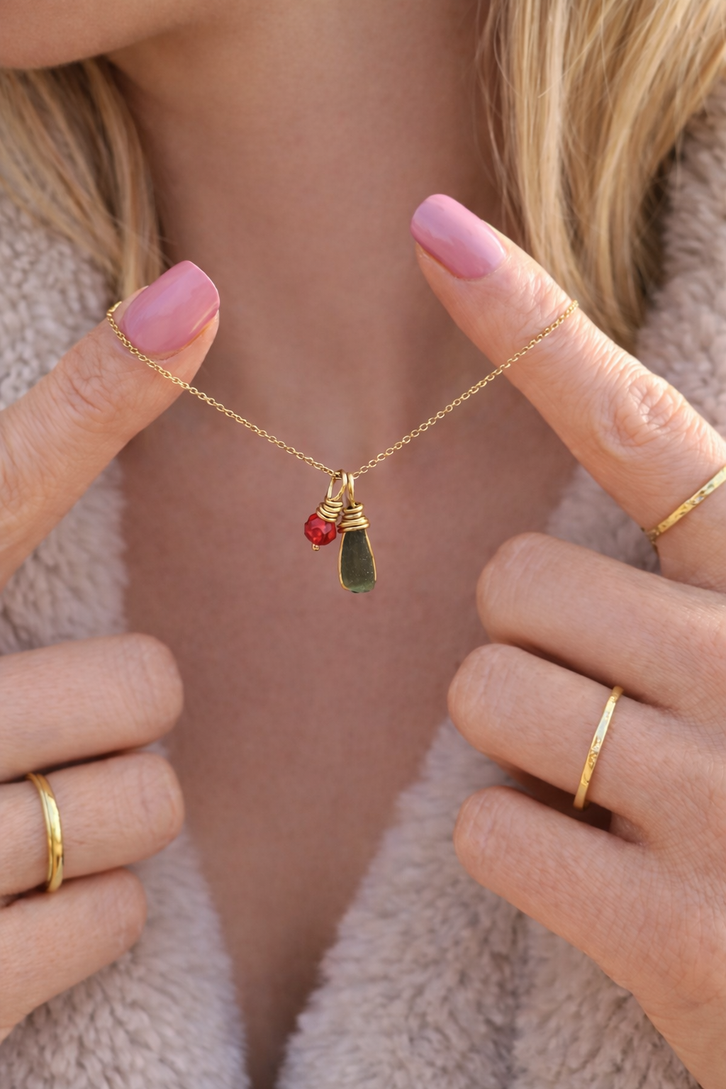 Moldavite & Red Crystal Necklace