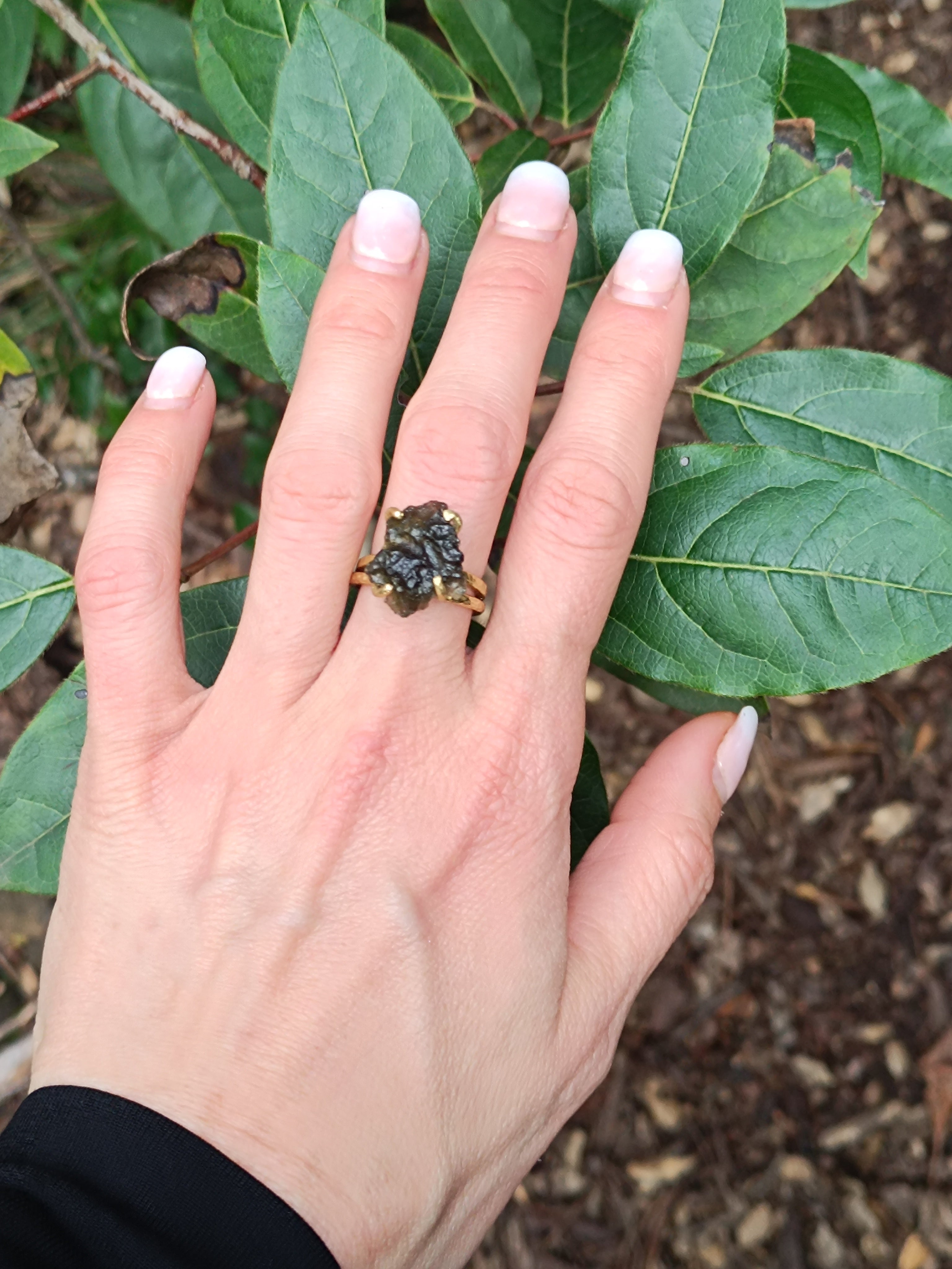 Large Moldavite Double Band Ring