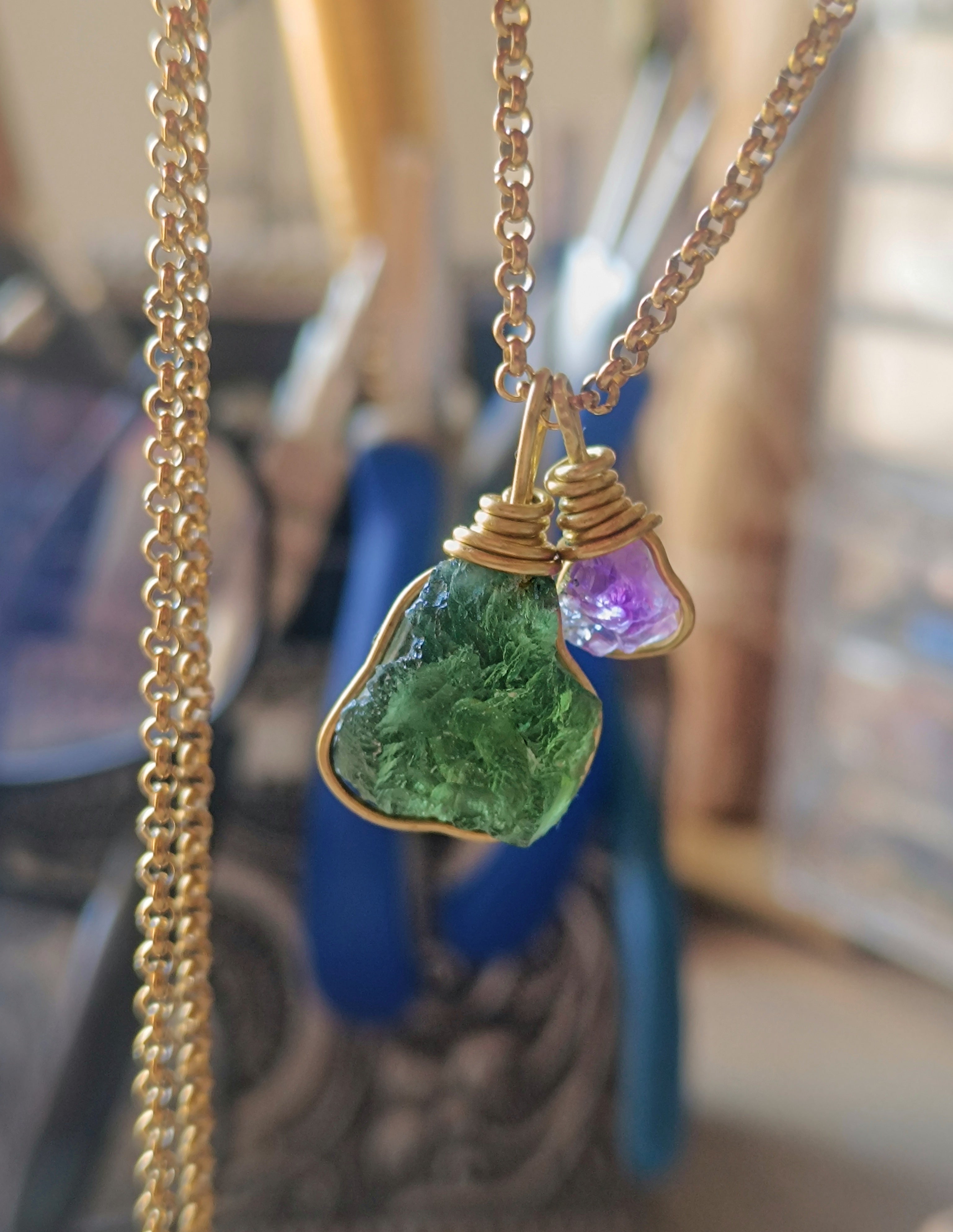 Moldavite Eye Necklace with Amethyst
