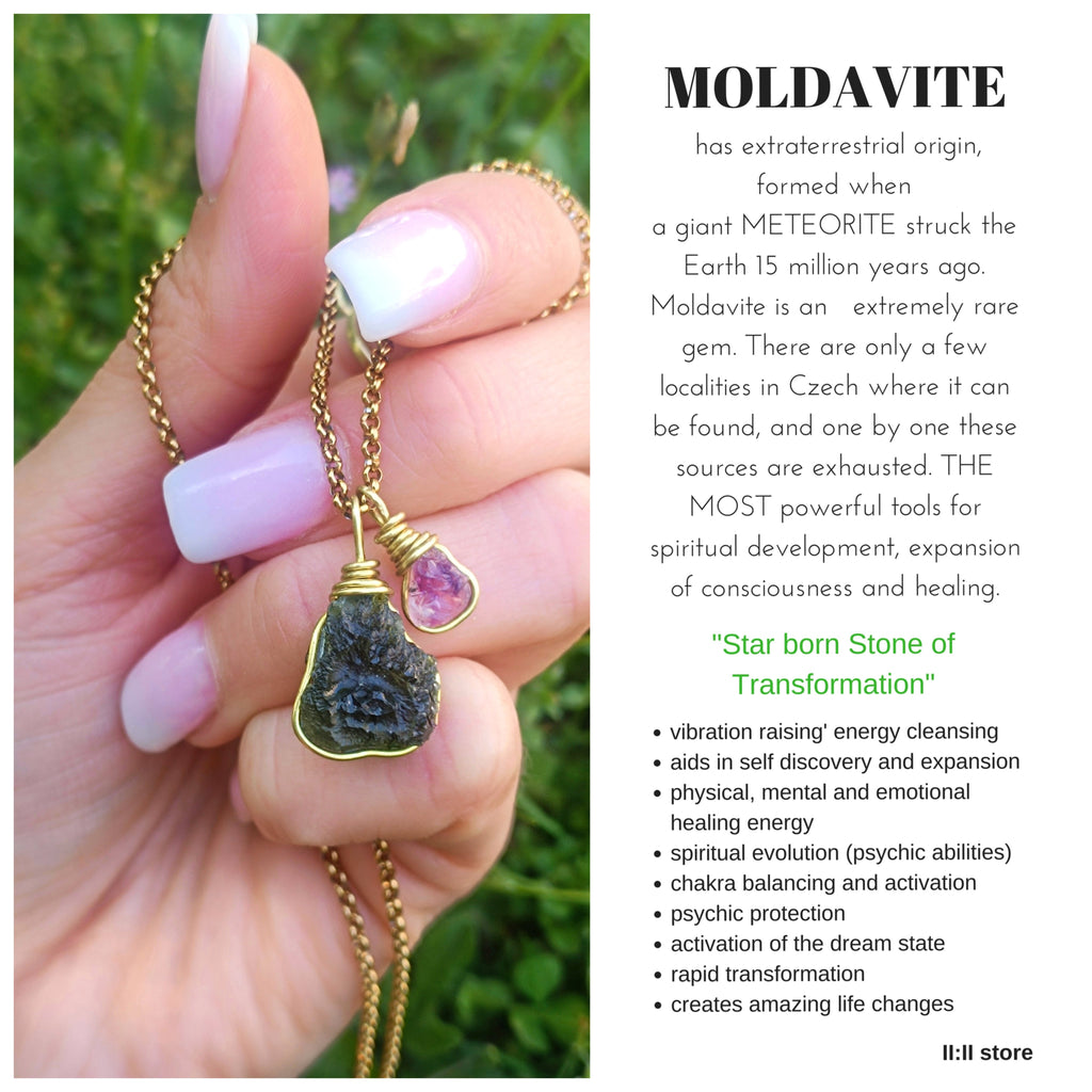 Moldavite Eye Necklace with Amethyst