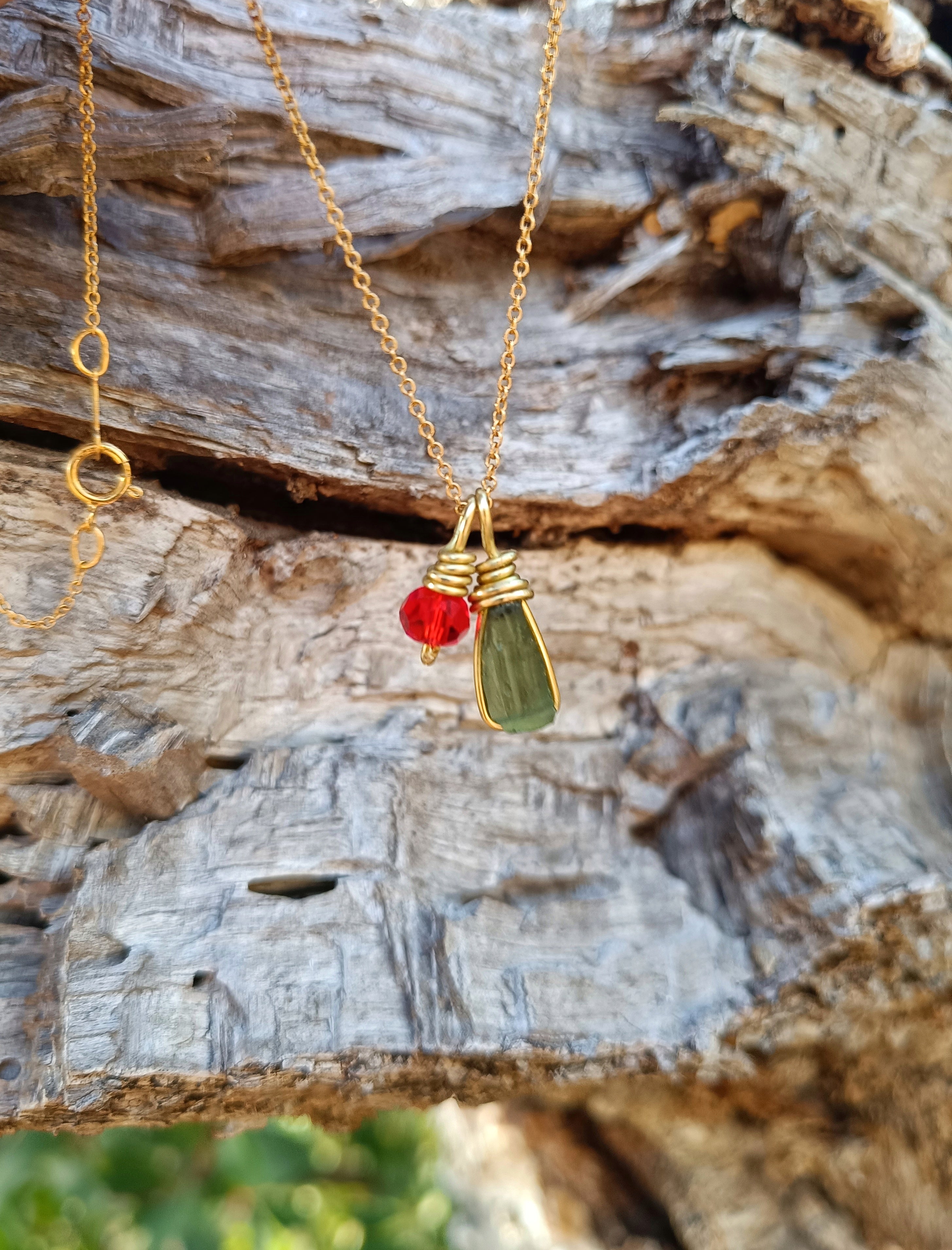 Moldavite & Red Crystal Necklace