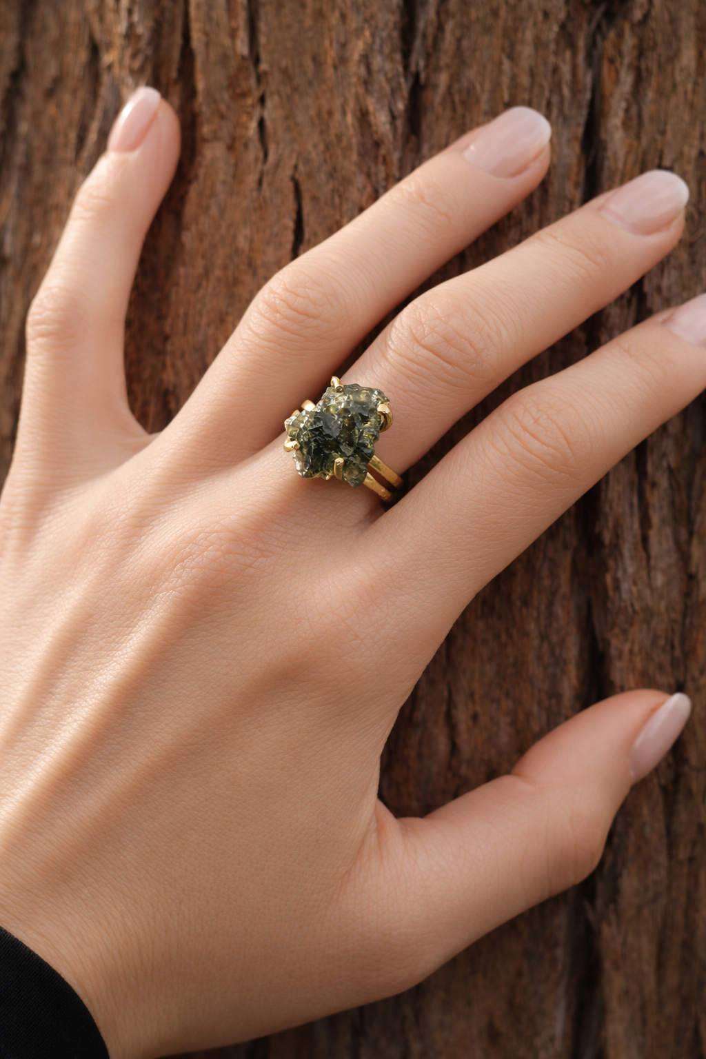 Large Moldavite Double Band Ring