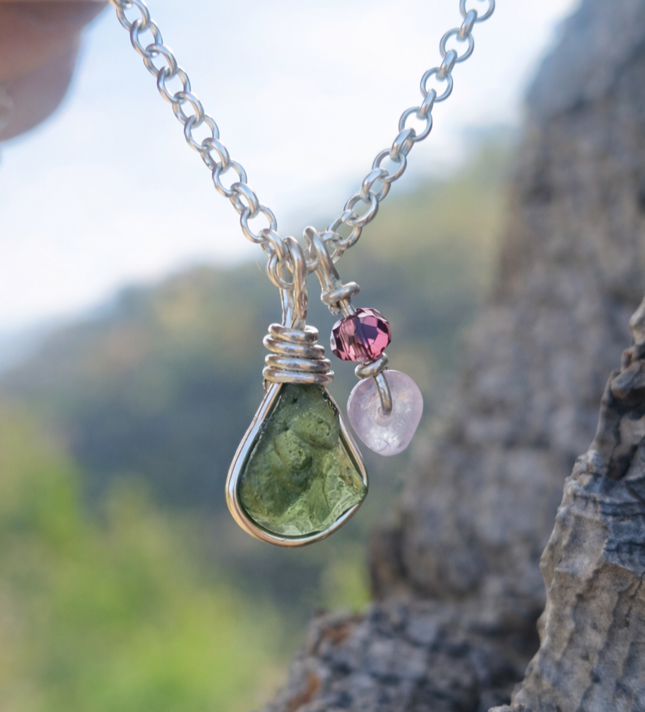 Moldavite with Amethyst Drop