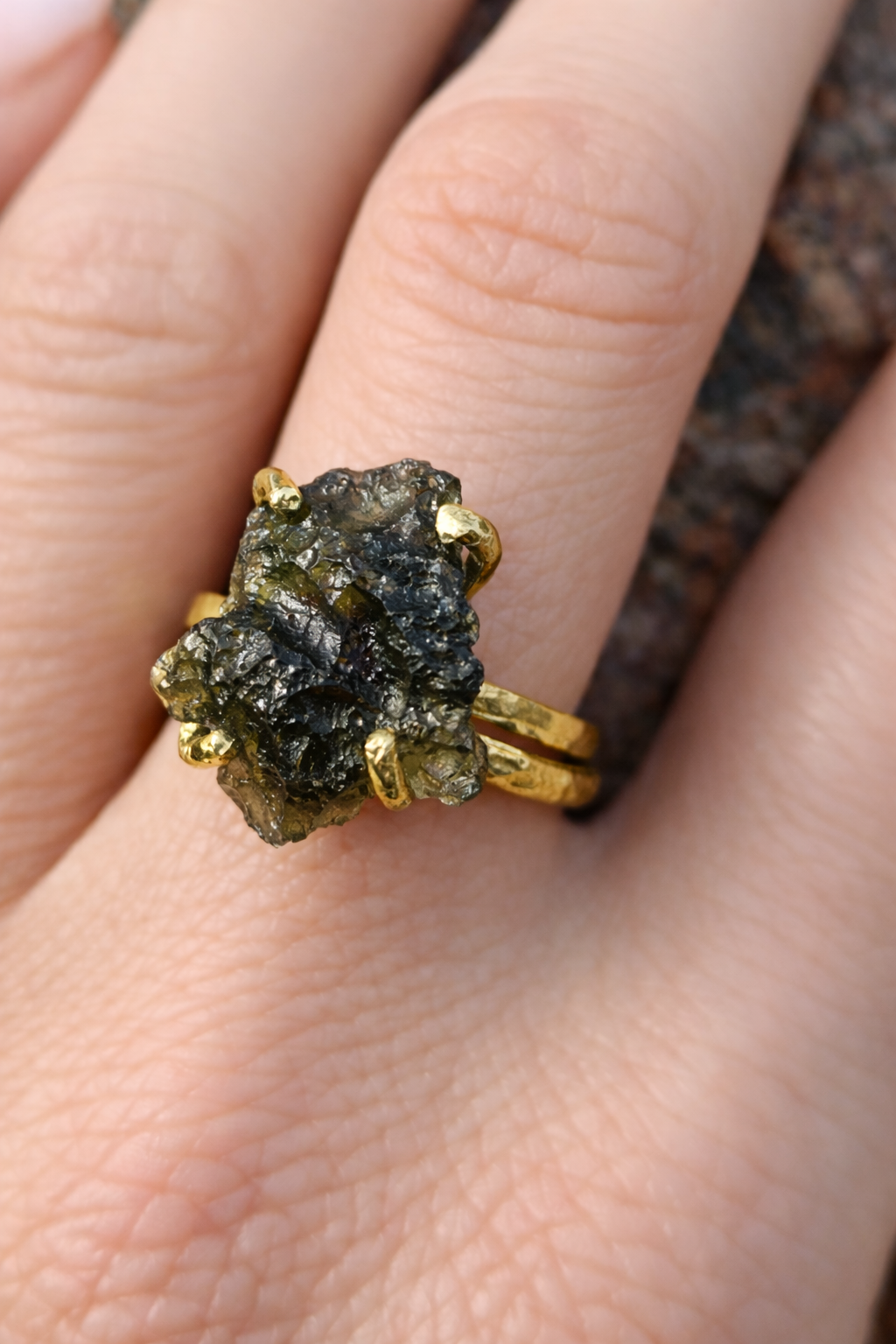 Large Moldavite Double Band Ring