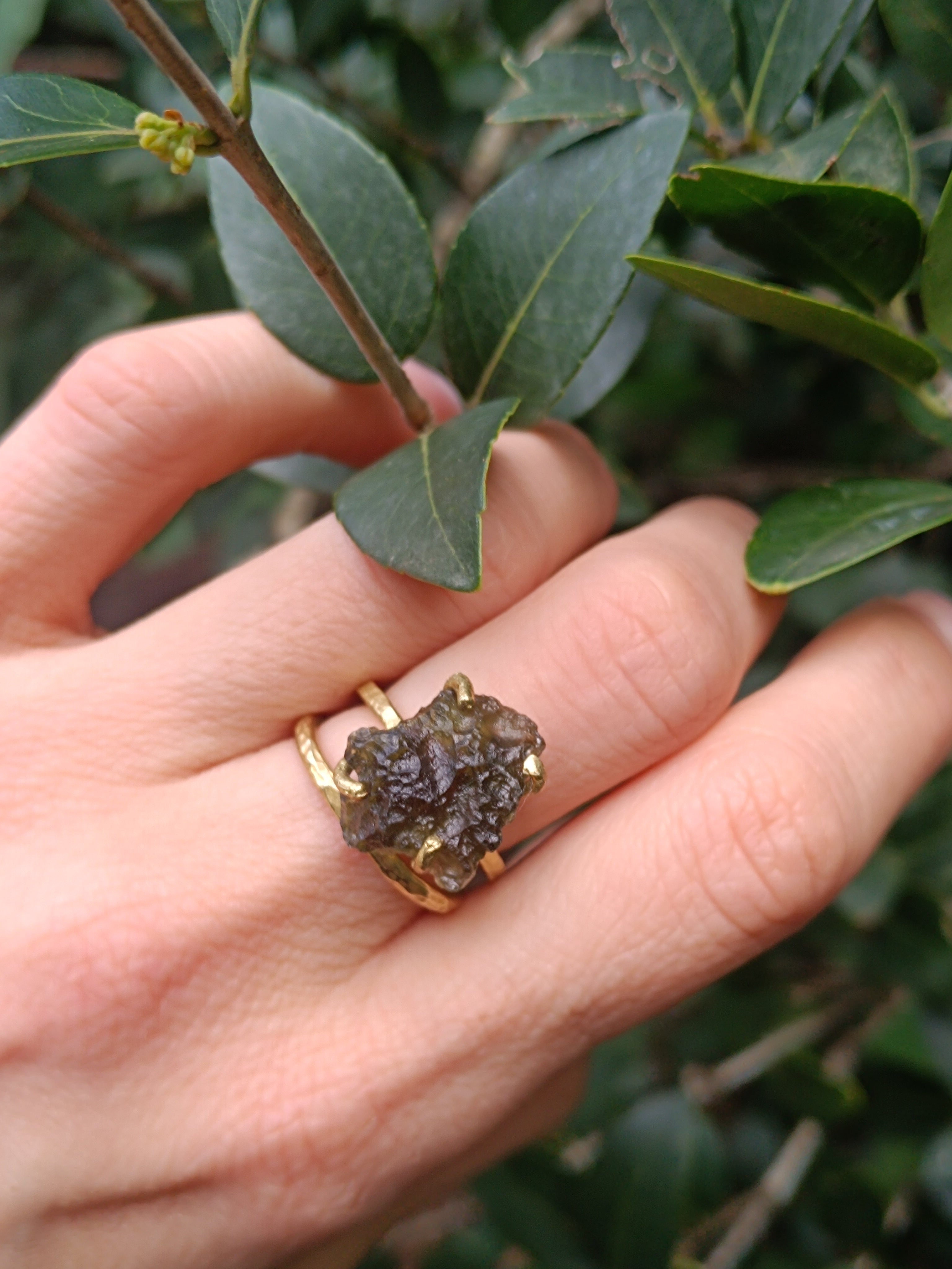 Large Moldavite Double Band Ring