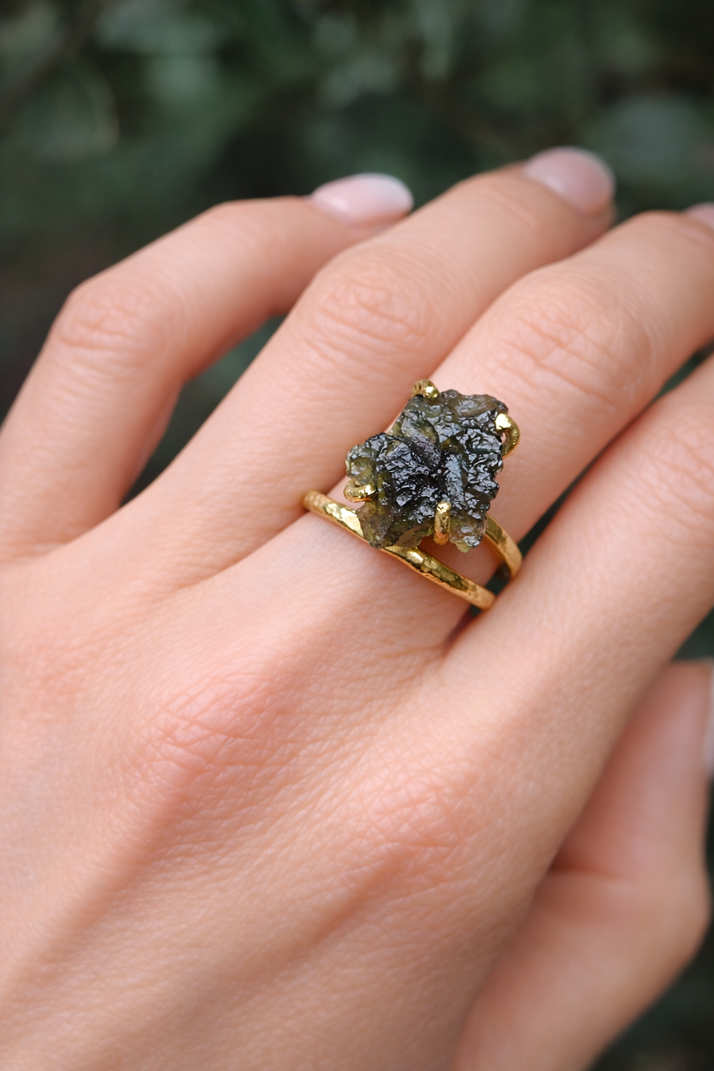 Large Moldavite Double Band Ring